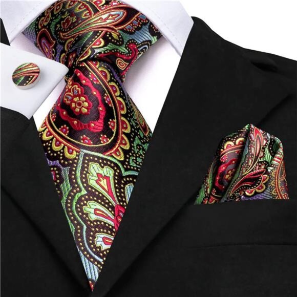 Mens Tie and Lapel Pin Paisley Striped Floral Necktie for Men Pocket Square - Picture 3 of 8